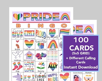 Pride BINGO, Pride Month, LGBTQ Party Game, Digital Download, Printable Games, 100 Unique Cards