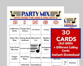 Party Mix Music, 2000's and 2010's Music Party, Music Bingo, Instant Digital Download, Spotify Playlist Included, 30 Unique Bingo cards
