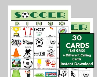 Könnte beinhalten: Fußball-Bingo-Spiel mit grünem und weißem Design. Das Spiel enthält 30 Karten mit einem 5x5-Raster sowie verschiedene Rufkarten. Die Karten zeigen Fußball-Bilder und -Texte.