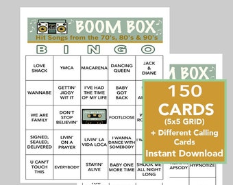 70's 80's 90's Music Bingo Game, 150 Cards (Digital Download)