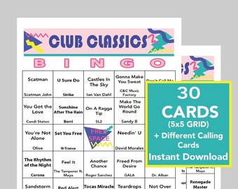 Club Classics, 90's Club Music, Dance Music Bingo, Téléchargement numérique instantané, Liste de lecture Spotify incluse, 30 cartes de bingo uniques