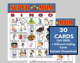 Super Mom Bingo, 30 Unique Cards, Mother's Day Game (Instant Download)