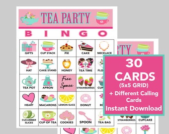 Juego de bingo Tea Party, 30 cartones únicos (descarga digital)