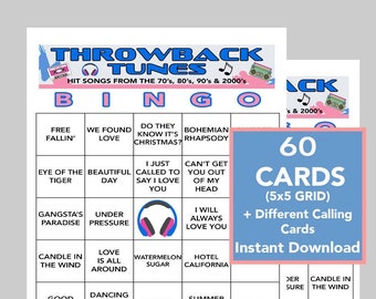 70s-2010s Music Hits Bingo, 60 Cards, Party Game (Instant Digital Download)