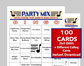 Musique festive, soirée musicale des années 2000 et 2010, bingo musical, téléchargement numérique instantané, liste de lecture Spotify incluse, 100 cartes de bingo uniques