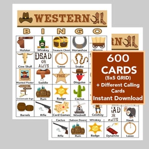 Wild West, Western,  5x5 Bingo printable PDFs, digital download, Call List Included, 600 Unique Cards