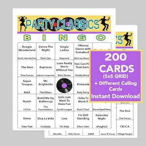 Bingo musical, éxitos musicales clásicos para fiestas, juegos de bingo, descarga digital instantánea, 200 cartones de bingo diferentes, lista de reproducción de Spotify incluida