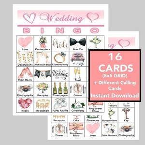 Juegos de boda, juegos de despedida de soltera en rosa, juegos de despedida de soltera imprimibles, bingo de boda, descarga digital, 16 tarjetas diferentes