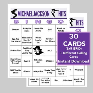 Michael Jackson, Hits musicais, Festa musical, Música de Michael Jackson, Download digital, Jogos de bingo, Lista de reprodução do Spotify incluída, 30 cartões de bingo