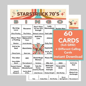 Éxitos musicales de los 70, fiesta de los 70, cumpleaños de los 70, descarga digital instantánea, juegos de bingo, juegos imprimibles, 60 tarjetas de bingo diferentes, enlace de Spotify