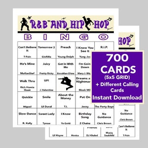 Pu&ograve; includere: Una scheda di bingo viola e nera con il titolo "R&B and Hip Hop Bingo". La scheda ha una griglia 5x5 con titoli di canzoni e nomi di artisti in ogni casella. La scheda fa parte di un set di 700 schede, disponibili per il download immediato.