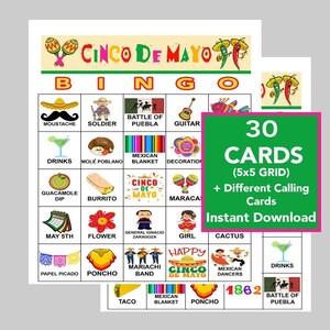 Cinco de Mayo, cartes de bingo Cinco de Mayo, cartes de bingo 5 x 5, téléchargement immédiat, fichiers PDF pour une impression facile, cartes de visite incluses
