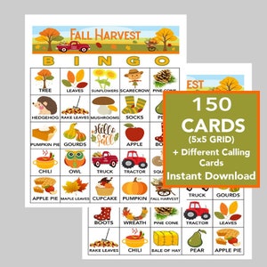 Bingo de cosecha de otoño, fiesta de otoño, bingo de otoño, juegos de bingo, juegos imprimibles, descarga digital, 150 cartas diferentes