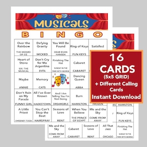 Broadway Music Hits, Broadway Musicals, Bingo Games, Printable Games, Digital Download, 16 Different Bingo cards, Spotify Playlist
