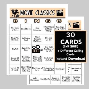 Movie Song Bingo, Movie Classics Bingo, Family Night Games, Instant Digital Download, Printable Games, 30 verschillende kaarten. Spotify-afspeellijst