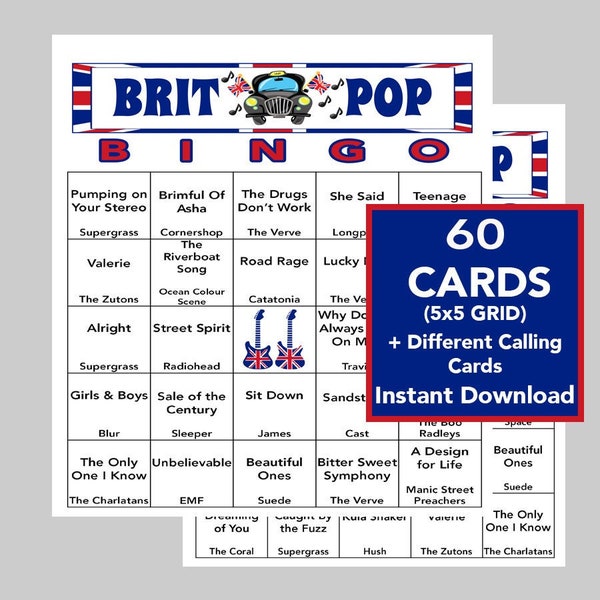 BRIT POP Music Hits, British POP Music Party, Digital Download, Bingo Games, Printable Games, 60 Different Bingo cards, Spotify Playlist