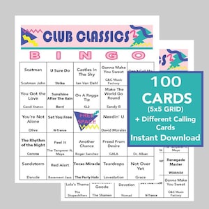 Club Classics, Música de club de los 90, Bingo de música dance, Descarga digital instantánea, Lista de reproducción de Spotify incluida, 100 cartones de bingo únicos