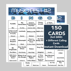 Música de los años 70 a 2010, Celebración de festivales musicales, Festival musical n.° 2, Bingo musical, Descarga digital instantánea, 150 tarjetas diferentes, Lista de reproducción de Spotify
