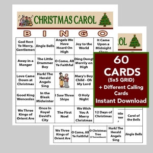 Música de canção de natal, festa de Natal, bingo de Natal, download digital, jogos de bingo, jogos para impressão, 60 cartas de bingo diferentes