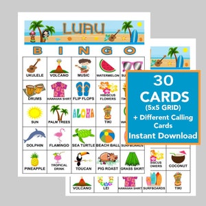 Fiesta Luau, juego de bingo Luau, diversión de verano y playa, juegos divertidos de verano para niños y adultos, descarga instantánea, 30 tarjetas diferentes