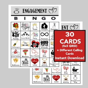 Bingo pour la fête de fiançailles, célébration de fiançailles, téléchargement numérique, jeux de bingo, jeux imprimables, 30 cartes uniques