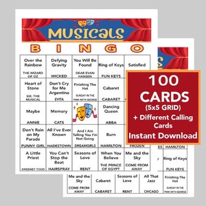 Tubes musicaux de Broadway, comédies musicales de Broadway, jeux de bingo, jeux à imprimer, téléchargement numérique, 100 cartes de bingo différentes, liste de lecture Spotify