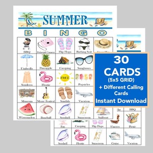 Cartões de bingo de verão, bingo de férias de verão, bingo de festa de acampamento, jogos de verão, jogos divertidos de verão para crianças e adultos, download instantâneo para impressão