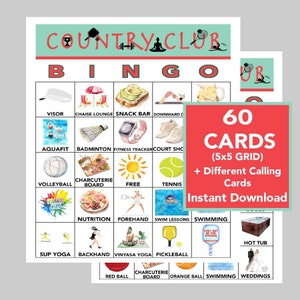Country Club, Bingo esportivo, Clube de tênis, Pickleball, Clubes de verão, Spa, Clube feminino, Noite feminina, Download instantâneo, 60 cartões diferentes