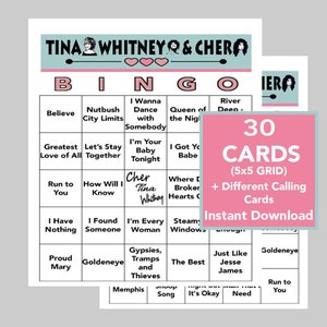 Tina Turner, Whitney Houston, Cher, Music Hits, Bingo Games, Singo, Instant Digital Download, 30 verschillende kaarten, Spotify-afspeellijst inbegrepen