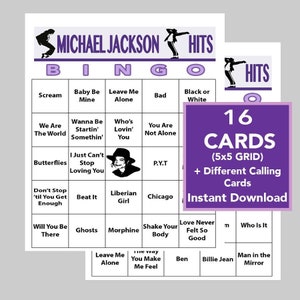 Michael Jackson, Hits musicais, Festa musical, Música de Michael Jackson, Download digital, Jogos de bingo, Lista de reprodução do Spotify incluída, 16 cartões de bingo