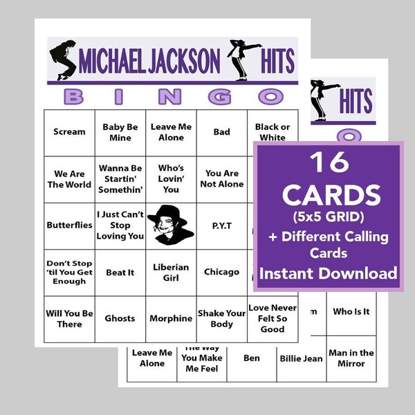 Michael Jackson, Music Hits, Music Party, Michael Jackson Music, Digital Download, Bingo Games, Spotify Playlist included, 16 Bingo cards