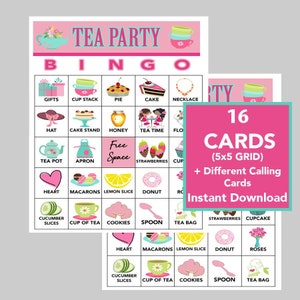 Tea Party Bingo, Tea Party Games, Verjaardagsfeestje, Digitale download, Meisjes verjaardagsthee, Afdrukbare spellen, Telefoonkaarten, 16 verschillende kaarten