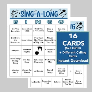 Bingo musical, juegos musicales para cantar, fiesta de los años 70, 80 y 90, descarga digital instantánea, 16 tarjetas de bingo, lista de reproducción de Spotify incluida