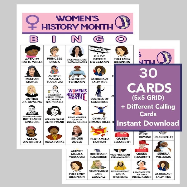 International Women's Day, Women's Bingo, Women's History Month Activities, School Games,  5'x5' Bingo Cards, 30 cards, Significance Sheet