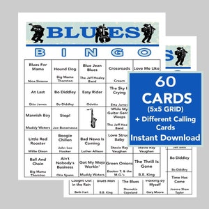Blues Music, Blues Hits, Blues Music Bingo, download digital, jogos para impressão, 60 cartões de bingo diferentes, link da lista de reprodução do Spotify incluído