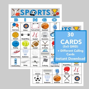 Juego de bingo deportivo, bingo de verano, bingo de fiesta, juegos de verano, juegos divertidos para niños, descarga instantánea, 30 tarjetas diferentes
