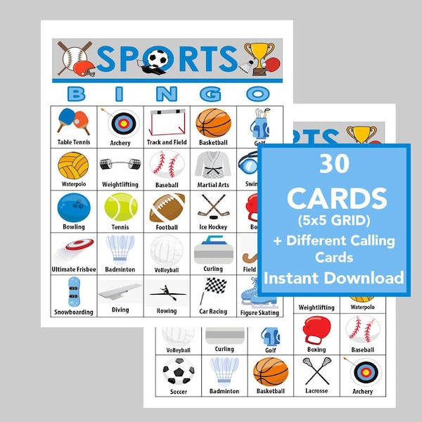 Sportbingospel, zomerbingo, feestbingo, zomerspelen, leuke spelletjes voor kinderen, instant download, 30 verschillende kaarten