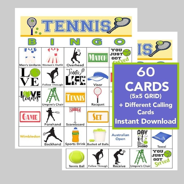 Tennis Bingo Game, Sports Bingo,  Party Bingo, Tennis Games, Fun Games for Kids, Instant Download, 60 Cards