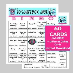 Éxitos musicales de los años 50, Fiesta de los años 50, Jukebox Jive de los años 50, Fiesta de los años 50, Descarga digital, Juegos de bingo, Juegos imprimibles, 60 cartones de bingo diferentes