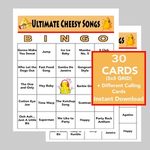 Éxitos musicales divertidos, fiesta musical cursi, bingo musical de Dan Party, descarga digital instantánea, lista de reproducción de Spotify incluida, 30 tarjetas de bingo únicas