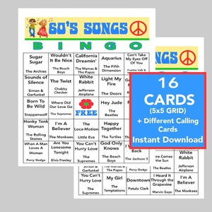 Éxitos musicales de los años 60, fiesta de los años 60, cumpleaños de los años 60, descarga digital instantánea, juegos de bingo, lista de reproducción de Spotify incluida, 16 tarjetas de bingo diferentes