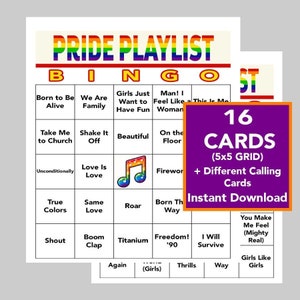 Pride BINGO, mese dell’orgoglio, musica dell’orgoglio, bingo nella playlist dell’orgoglio, giochi LGBTQ, bingo musicale, download digitale, 16 carte uniche