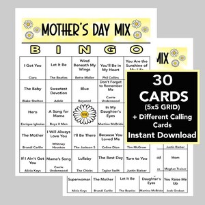Juego de bingo del Día de la Madre, Bingo de canciones del Día de la Madre, Fácil de imprimir y jugar, IMPRIMIBLE, Juego familiar, 30 tarjetas diferentes, Enlace de Spotify incluido
