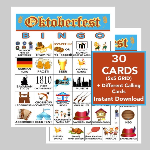 Oktoberfest, Oktoberfest Bingo, Bingo Games, Printable Games, Digital Download, 30 Different Cards, Call List Included