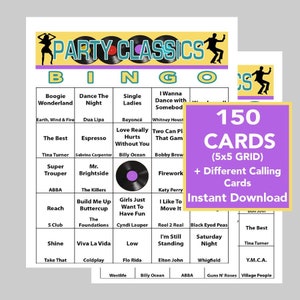 Bingo musical, éxitos musicales clásicos para fiestas, juegos de bingo, descarga digital instantánea, 150 cartones de bingo diferentes, lista de reproducción de Spotify incluida