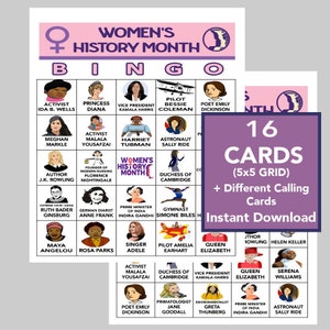 Bingo per la giornata internazionale della donna, attività per il mese della storia delle donne, giochi scolastici, cartelle del bingo 5'x5', 16 cartelle, foglio di significato incluso