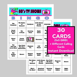 80s TV shows, 80's TV Hits, Instant Digital Download, Bingo Games, Printable Games, 30 Bingo cards, Call List Included, Spotify List