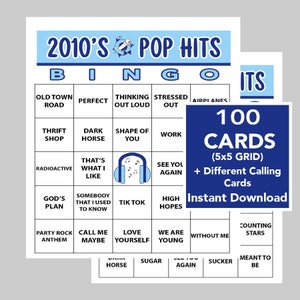 Top 2010&#39;s Music Hits, 2010&#39;s Music Party, Music Bingo, Instant Digital Download, Spotify Playlist Included, 100 Unique Bingo cards