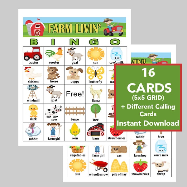 Farm Livin' Bingo, Farm Party Games, Digital Download, Bingo Games, Printable Games, Virtual Games, 16 cards