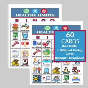 Bingo habitudes saines, jeux sains, téléchargement numérique, jeux de bingo, jeux imprimables, jeux virtuels, 60 cartes